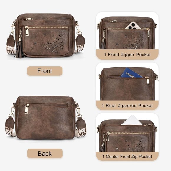 Women’s 06-coffee Leather Purse Crossbody Bag Handbags Butterfly Design - Picture 6 of 6